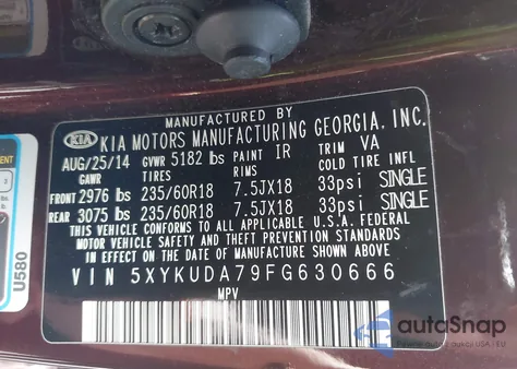 2015 Kia Sorento Ex V6 from USA, damaged, VIN 5XYKUDA79FG630666